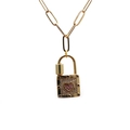 Golden necklace with pink heart gemstone padlock pendant on white background - Pink Heart Stone Square Lock