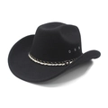 Classic black felt cowboy hat with tricolor braided band and elegant metal side button - M (56-58cm) / Black