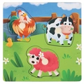 Wooden peg puzzle with cartoon farm animals like cow and sheep for early learning - Farm Animals 3-in-1 Peg Puzzle