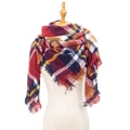 Plaid square scarf with red and navy checkers featuring fringe details on mannequin - Wine Red Plaid