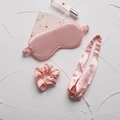 Pink faux silk sleep set featuring padded eye mask, hair scrunchie and headband - Nude Pink