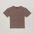 Detail of coffee brown ribbed cotton crop tee showing slim fit round neck and soft texture - XS / Deep Skin