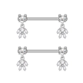 Dettaglio di piercing al capezzolo argentati a forma di orso con zirconi incastonati - Stile Orso in Zircone (2736) / Color Acciaio