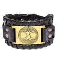 Herren Punk Lederarmband in Schwarz mit goldener Lebensbaum-Metallplatte und Gravur - Lebensbaum / Echtleder Schwarz + Antike Bronze
