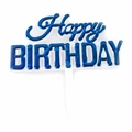 Shiny blue metallic Happy Birthday cake topper with plastic stick on white background - No.5 Blue