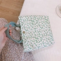Close-up of quilted floral cotton lunch bag with light green pattern and gold snap button - Green Background Pink White Floral