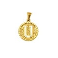 Pendentif rond en acier titane plaqué or 18K avec lettre U au fini martelé - Lettre U (S-P173-U)