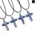 Blue and white spotted natural stone cross pendant necklace with black cord - Sodalite