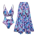 Set bikini blu-viola con fiori 3D e gonna lunga con stampa floreale vivace - S / Costume intero + gonna
