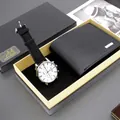 Men's fashion business gift set featuring a leather strap watch and a textured wallet - Silver Case White Dial Black Strap Watch + Wallet + Box