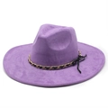 Detail of purple wide brim fedora hat with gold chain band and black ribbon bow accent - Taro Purple