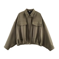 Women's vintage olive green cropped bomber jacket with pleated hem and flap chest pockets - S / Army Green