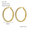 Polished 40mm 18k gold plated stainless steel hoop earrings with round rhinestones - 40mm