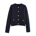 Detailed view of dark blue knit cardigan with golden embossed buttons and dual front pockets - Navy Blue