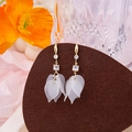 Detail of long drop earrings featuring frosted white petals and sparkling cubic zirconia - Gold Hook Matte Leaf Style (E3125/Ear Hook)