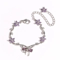 Silver bow bracelet with purple zircon flower petals and adjustable lobster clasp - Purple Silver