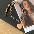 Bohemian leopard fabric necklace with colorful resin beads and a large wooden heart pendant - Necklace-Coffee Heart
