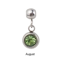 Macro shot of silver August birthstone charm with green gem and engraved text - Silver - August