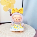 Plush doll outfit featuring purple hood, yellow bow, and lemon print white dress - Yellow Childhood Set / First And Second Generation Keychains Are Compatible With La Cloth Dolls. Dolls Not Included.