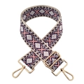 Close-up of geometric jacquard shoulder strap with gold metal buckles and pink embroidery - Silver Clasp / L6-Pink Purple