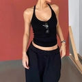Slim fit black halter neck cropped vest top in ribbed cotton fabric for women - XS / Black