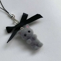 Y2K grey flocked kitten keychain with black ribbon bow and metal lobster clasp - Bow Pendant / Gray