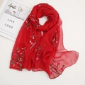 Red chiffon floral scarf with elegant pink embroidery and lightweight sun protection - Burgundy