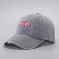 Dettaglio dei fenicotteri ricamati su cappellino da baseball in denim grigio lavato - Grigio chiaro