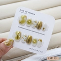 Handmade press-on nails with green marble texture, floral patterns and gold relief details - Size XS(FM113)