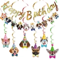 Detail of hanging gold Happy Birthday banner with colorful dog breed party spirals - Script Birthday with Dog Garland and Swirl Set