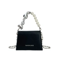 Borsa a tracolla in PU nera con manico di perle, maglie a cuore e catena a sfere argento - Nero