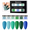 Misscheering 6-color dipping powder set in shades of green and blue with nail samples - 6-Color DP Dipping Powder Set 02