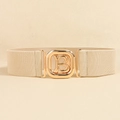 Beige elastic waist belt with a golden square B-letter metal buckle for dresses - Beige (19762)