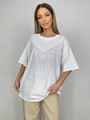 Oversized λευκό βαμβακερό γυναικείο T-shirt με σχέδιο SOPHI από ασημί στρας - S / Λευκό