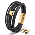 Men's multi-layer black braided leather bracelet with golden butterfly and magnetic clasp - Five-layer X Style / Gold