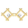 Elegant gold square stud earrings featuring natural white pearls in a geometric cross frame - GPE39-14k Geometric Square Cross Pearl Studs / Gold