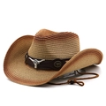Brown gradient western straw cowboy hat with silver bull head emblem and chin strap - M (56-58cm) / Khaki Rust Red