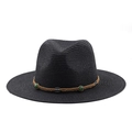 Detail of woven black straw fedora with ethnic beaded band and vintage silver accents - Black
