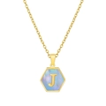 18K gold-plated hexagonal pendant necklace with letter J and blue shell inlay - Blue Shell J