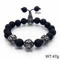 Men's natural black lava stone beaded bracelet with silver engraved mantra beads - Stainless Steel + Lava Stone
