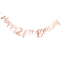 Rose gold Happy 21st Birthday banner hanging decoration with metallic mirror finish - 21st Birthday Mirror Finish / Rose Gold