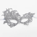 Silver lace party mask with rhinestones and blue satin ribbons for masquerade events - Rhinestone Silver Phoenix (5706668349854)