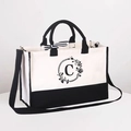 Canvas tote bag with black trim, shoulder strap, striped bow and letter C detail - Zipper Crossbody Style-With Shoulder Strap / Beige Black-Letter C