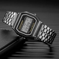 Luxury black metal square digital watch with rhinestone accents and multiple functions - Black Square Digital Watch