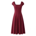 Elegant wine red square neck dress with pleated details and A-line silhouette style - XS / Burgundy