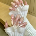 Unghie finte champagne cat-eye con strass a cuore 3D e dettagli di fiocchi rosa - XS / Pesca Dolcezza (S170)