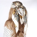 Elegant 90cm square satin silk scarf featuring green and gold paisley baroque patterns - 90*90cm / Retro White