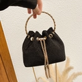 Elegant black bucket bag with sparkling rhinestones, golden handle, and chain strap - Black