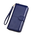 Dark blue long wallet for women with glossy oil leather texture and detachable wrist strap - Dark Blue
