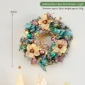 30cm snow-flocked Christmas wreath with gold flowers and LED lights for festive decor - Blue Pink Wreath 30cm With Lights